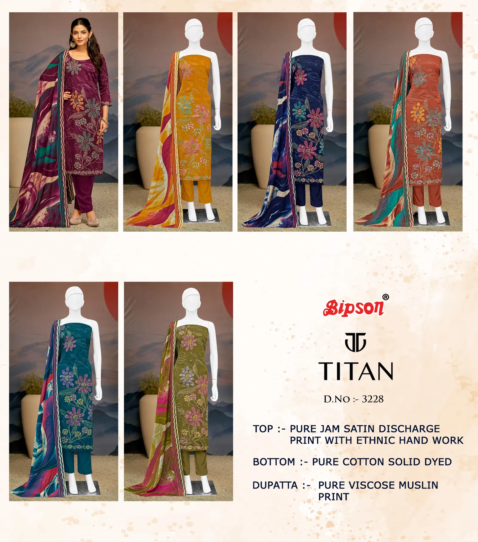 Titan 3228 By Bipson Jam Satin Printed Dress Material Suppliers In India
